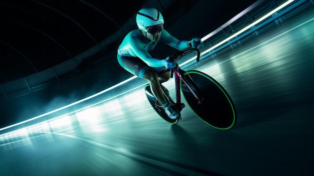 Photo racer on a velodrome cycling competition at the velodrome extreme speed