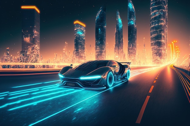 Racesportwagen rijden op stedelijke stadsweg met luxe digitale technologie
