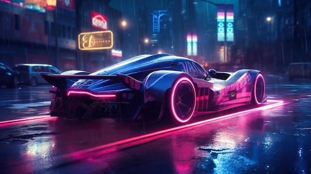 A racing action car at night using lights and neon