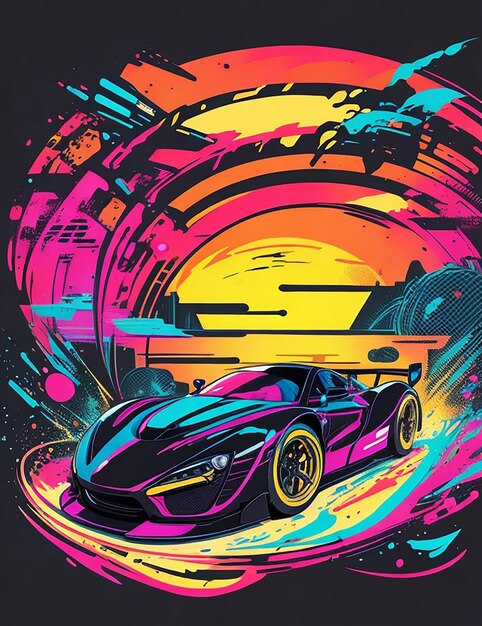 レーシングカー カラフルなアイイメージのTシャツデザイン