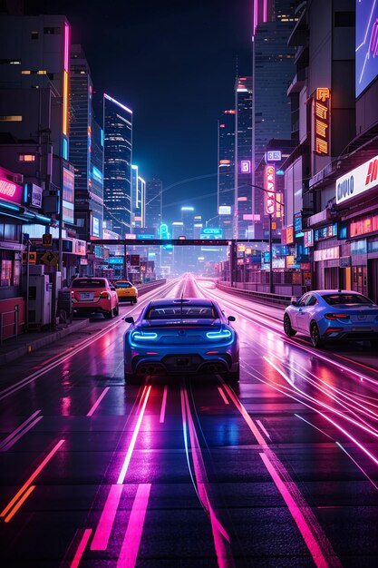 Racing car in cyberpunk city