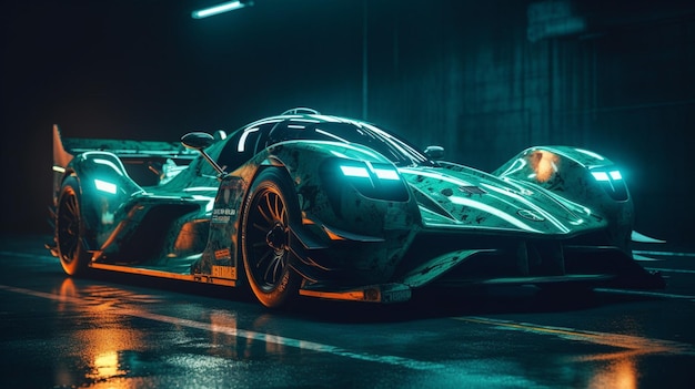 A racing car in a dark city