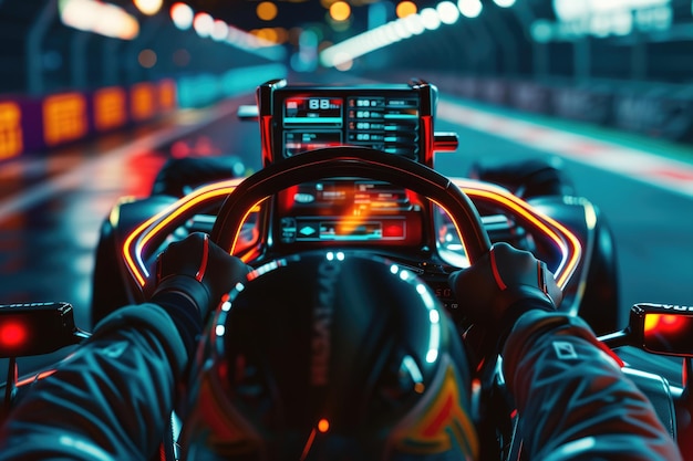 Photo racing car driver driving surrounded with panel with blurring background aig