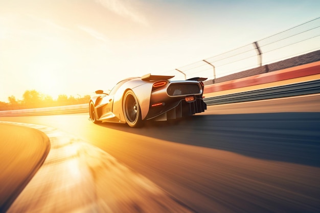 Racing Car Moving At Speed On RaceTrack At Dawn