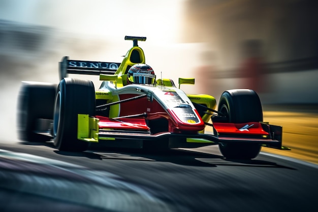 a racing car running at high speed on a race track at sunset