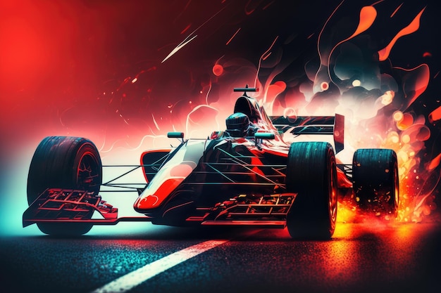 Racing car with red wheels in front lit road racing double exposure created with generative ai