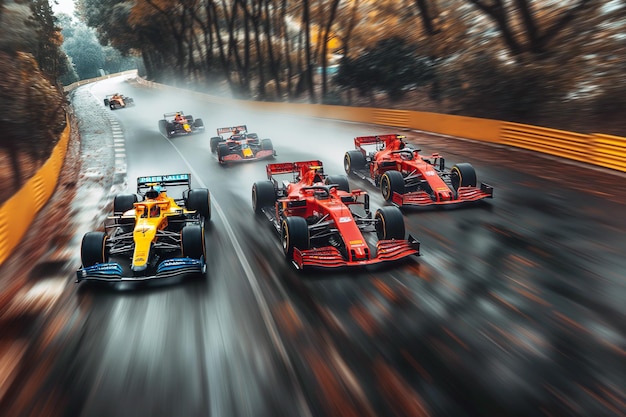 Foto auto da corsa in pista nella gara del gran premio di formula uno in autunno vista superiore sopra il drone