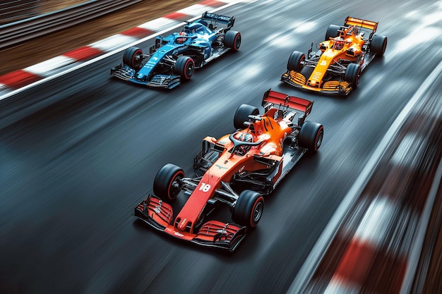 Foto le macchine da corsa guidano sulla pista nella gara del gran premio di formula uno, vista aerea in alto