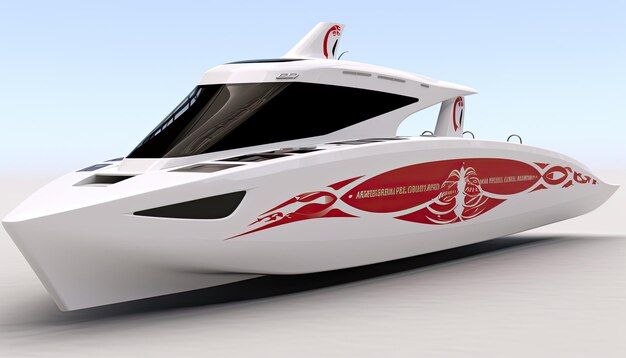 Racing catamaran electric with octopus logo on bow white with red and black accents