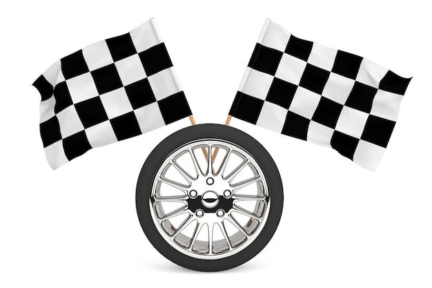 Photo racing concept. wheel with racing flags on a white background