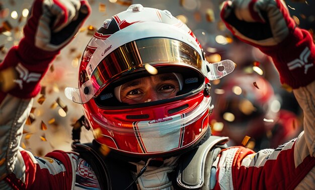 Racing driver celebrates on the podium with his arms raised in victory