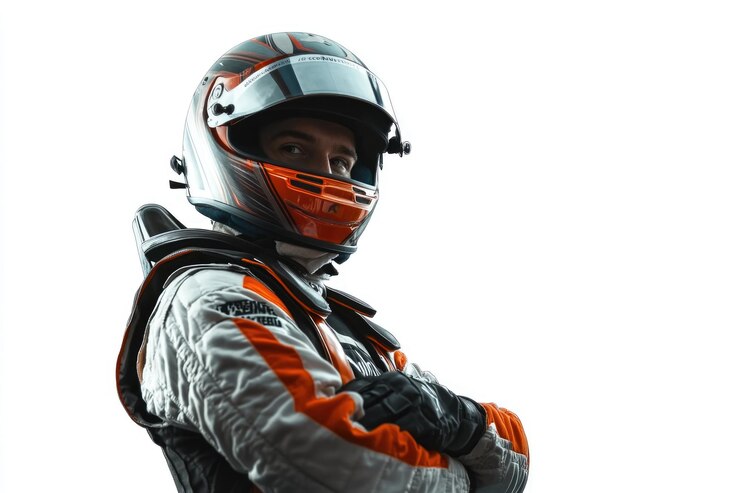 Photo racing driver in full gear posing isolated in a white background