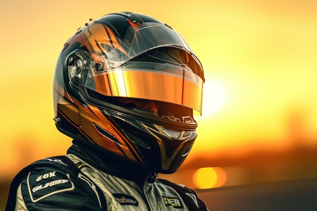 Racing driver in helmet and sportswear on blurred background