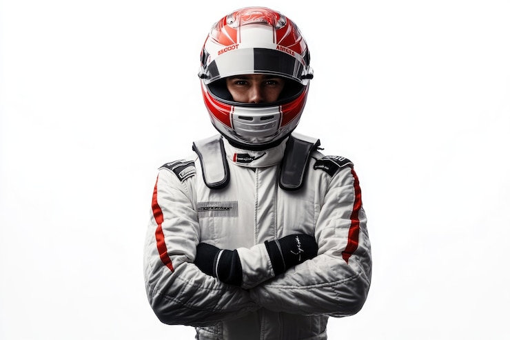 Photo racing driver posing with helmet in white background