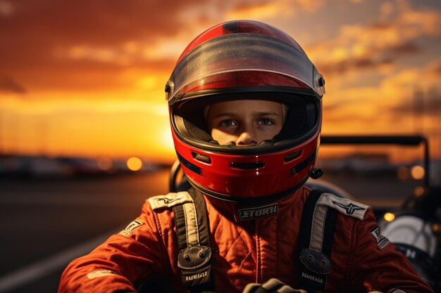 Foto guidatore di corse con casco sullo sfondo di un bellissimo tramonto