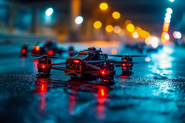 A racing drone with illuminated LEDs is pictured on a wet urban street at night showcasing technolog