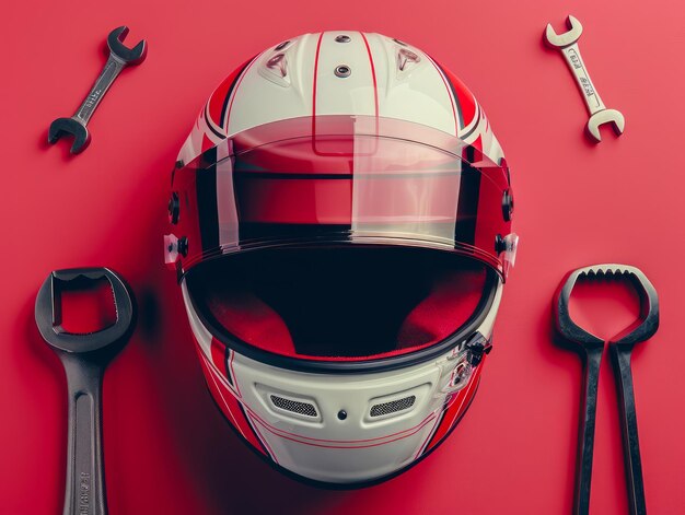 Foto casco da corsa con strumenti su sfondo rosso attrezzatura e attrezzature di sicurezza per il motorsport professionistico