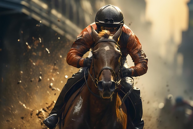 Racing horses galloping in the dust at sunset