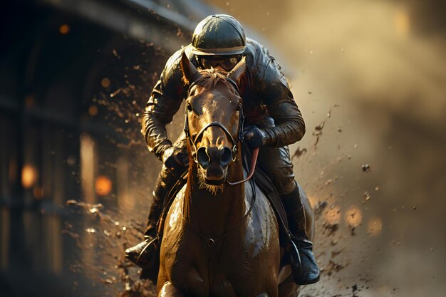 Racing horses galloping in the dust at sunset