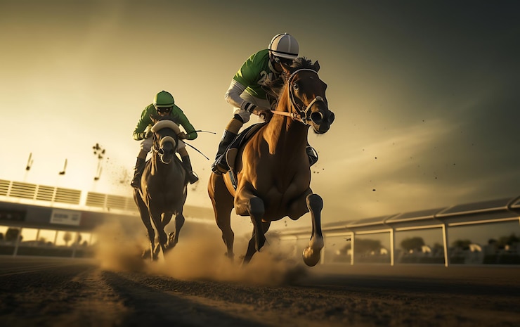 Photo racing horses and jockeys battling for first position on the race track
