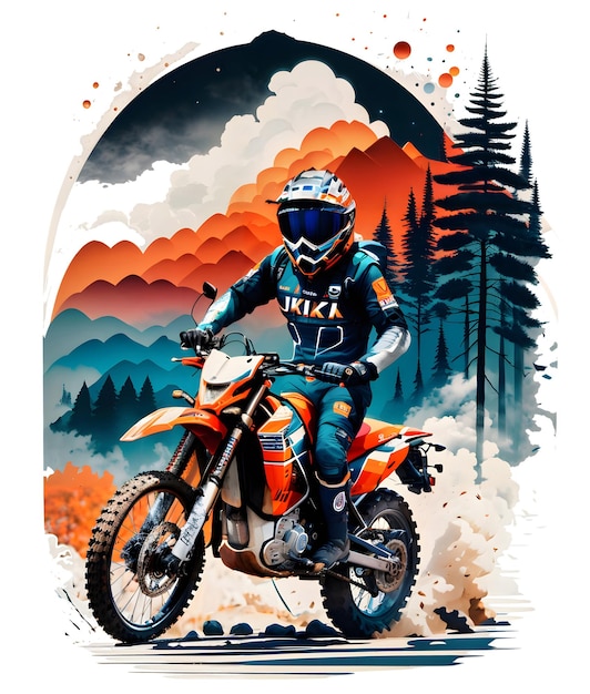 Racing motocross rider with ink style digital painting on sketch for tshirt print