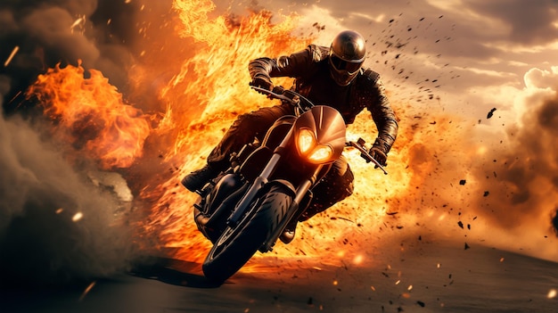 Racing motorcycle in flames Motorcyclist on a motorcycle in smoke