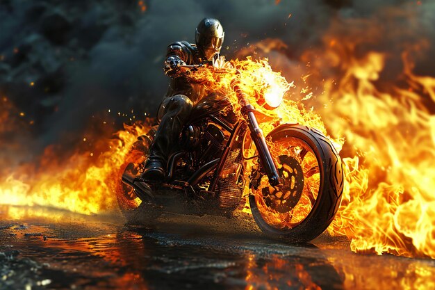 写真 燃える炎の背景にあるレーシングモーターサイクル