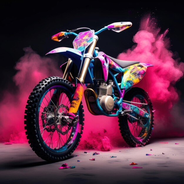 Racing motorcycle with colored smoke on a dark background