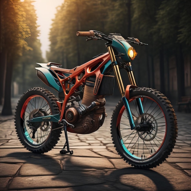 Racing motorfiets in het bos bij zonsondergang generatieve ai