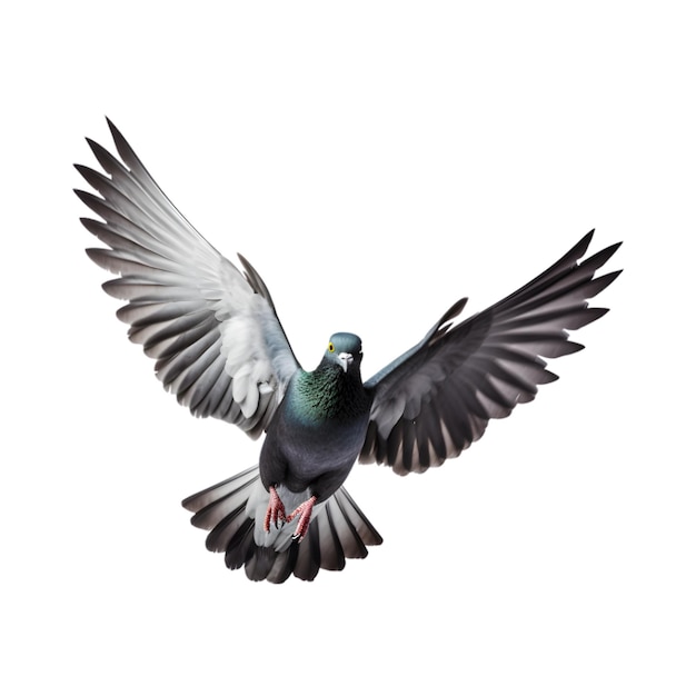 경주 비둘기는 흰색 배경에 격리된 아름다운 활짝 열린 날개로 날아갑니다