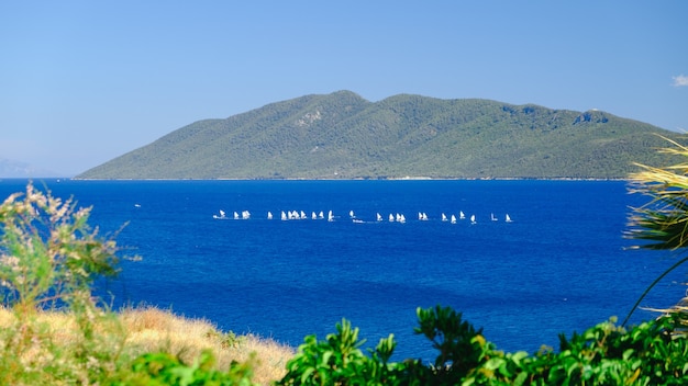 Racing sail boat in the blue sea many of white sailing boats mountain on background Sailing