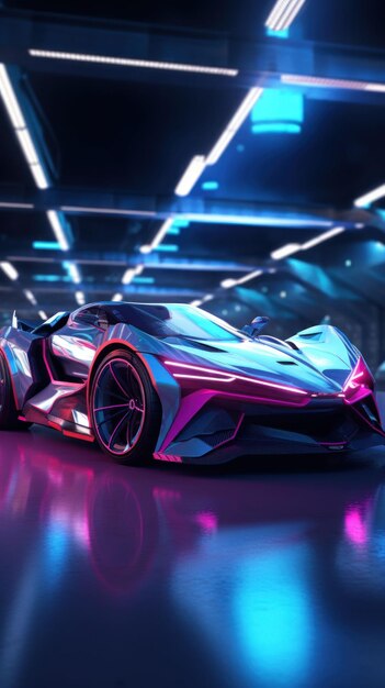 Racing Sportscar with Neon Lights Background