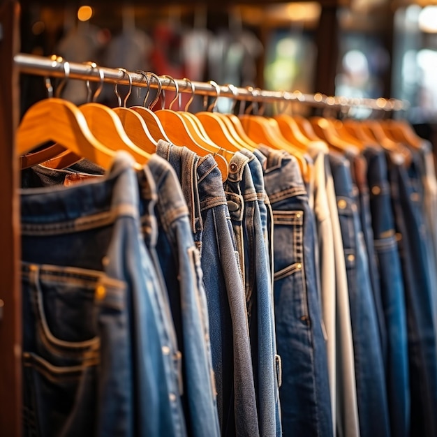 a rack of blue jeans with one that says'jeans '