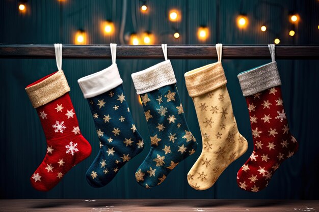 Photo a rack of christmas socks hanging on a wall with a blue background