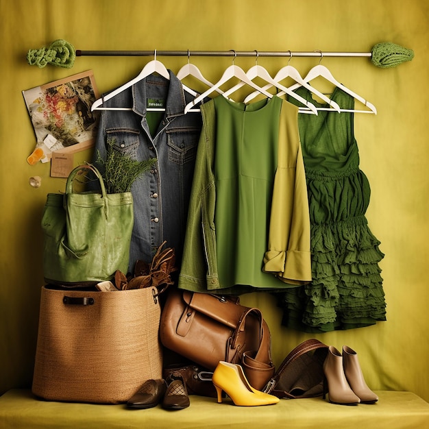 A rack of clothes and bags with a yellow background.