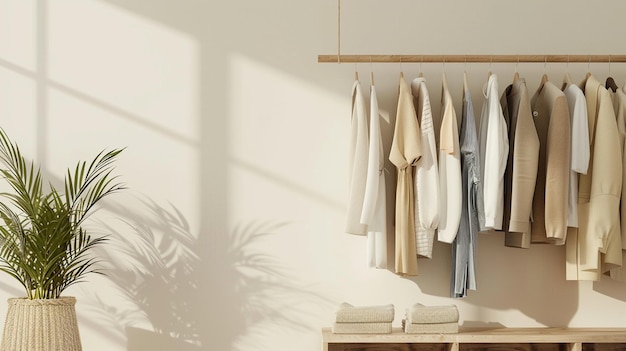 a rack of clothes hanging on a wall with a palm tree in the corner