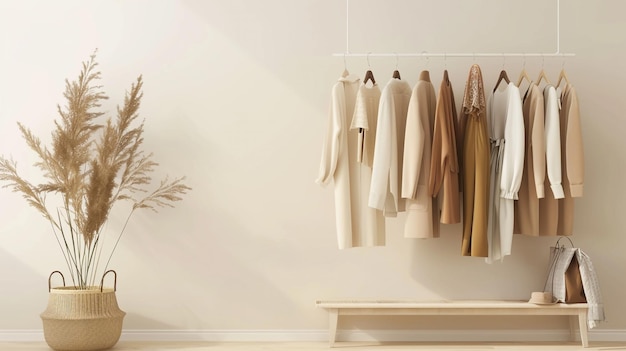 a rack of clothes hanging on a wall with a white background