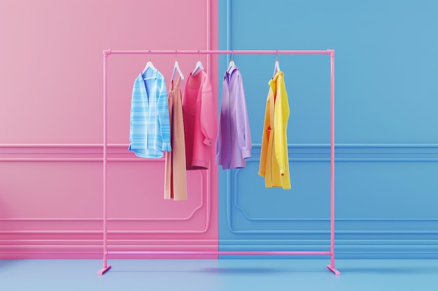 A rack of clothes is hanging on a pink and blue wall