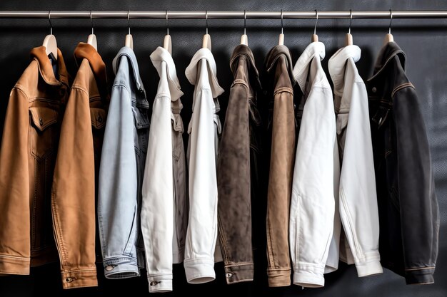 A rack of clothes with a brown jacket on it