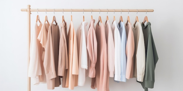 A rack of clothes with a pink shirt on it