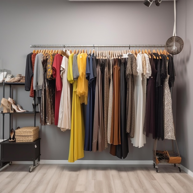 A rack of clothing is hanging on a wall with a sign that says'fashion'on it.