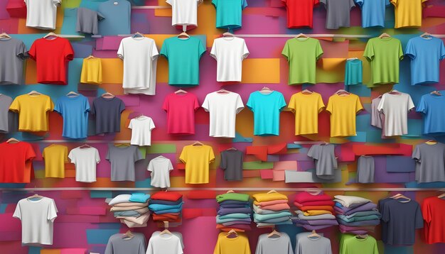 Photo a rack of colorful shirts with one that says t shirts