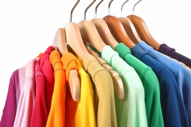 A rack of colorful shirts with the word t - shirts on them