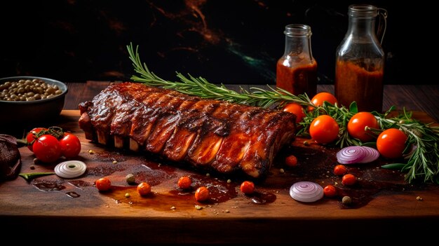 A rack of delicious ribs with barbecue sauce vegetables and herbs