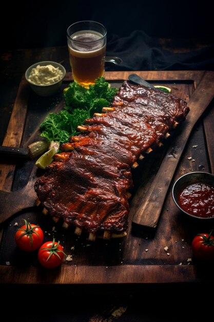 A rack of delicious ribs with barbecue sauce vegetables and herbs