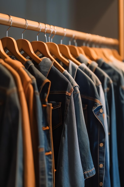 A rack of denim jackets with one of them hanging on a rack.