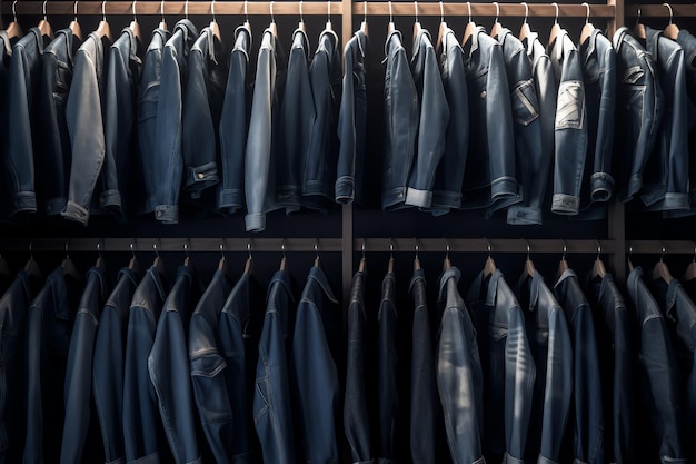 A rack of denim jackets with one of them hanging on a rack.