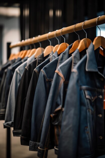 A rack of denim jackets with one of them hanging on a rack.