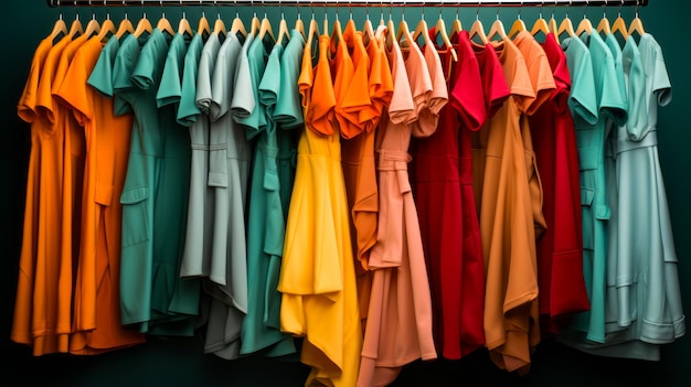 옷 선반에 매달린 다른 색의 드레스의 선반 생성 AI