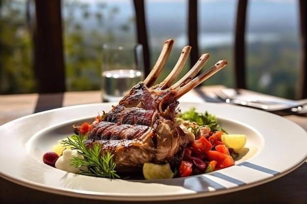 Photo rack of lamb for lunch on the wooden table with garden nature view background